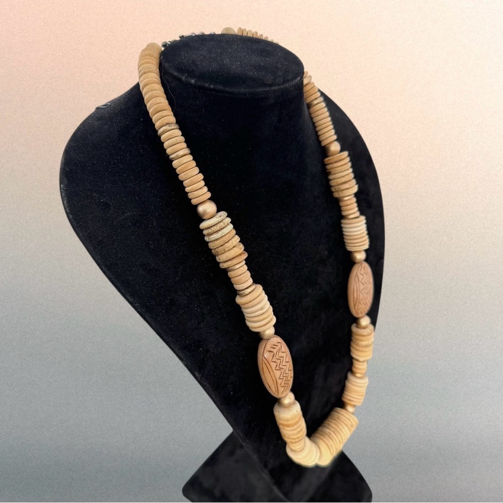 Handmade Carved Wood Tribal Bohemian Chunky Statement Necklace - Picture 2 of 5